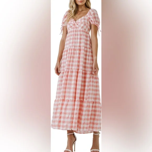 English Factory Gingham Knot Tiered Cotton Blend Midi Dress small - Picture 6 of 9